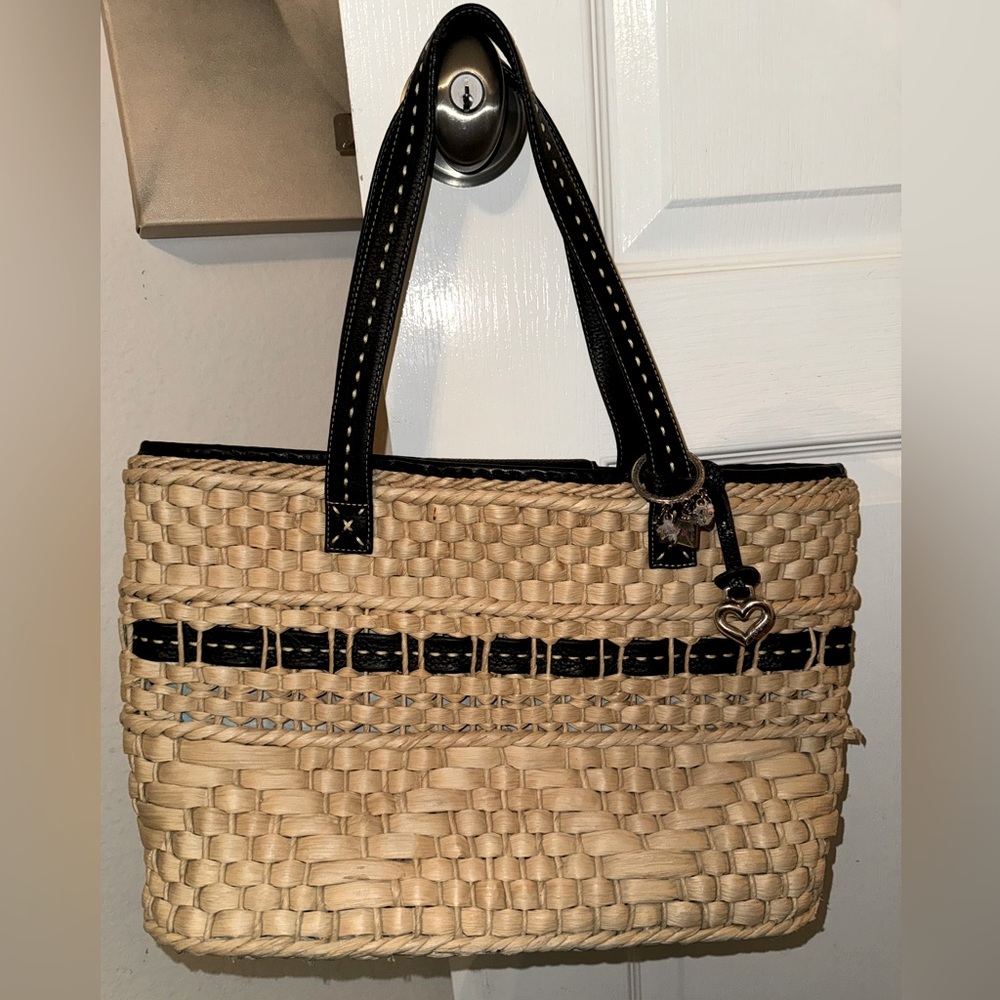 Woven Straw Tote Bag with Black Trim